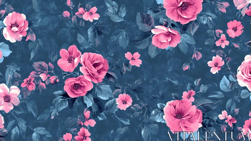 Bilateral Floral Composition with Pink Peonies and Roses on Navy Background