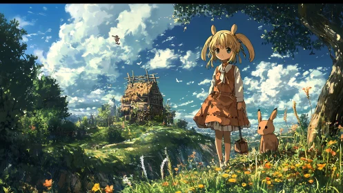 Sunny meadow stroll with a gentle girl and her bunny friend.