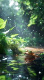 Playful orange frog toy floats in a sparkling forest pool.