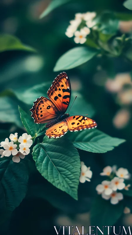 Orange butterfly rests softly on lush spring foliage.