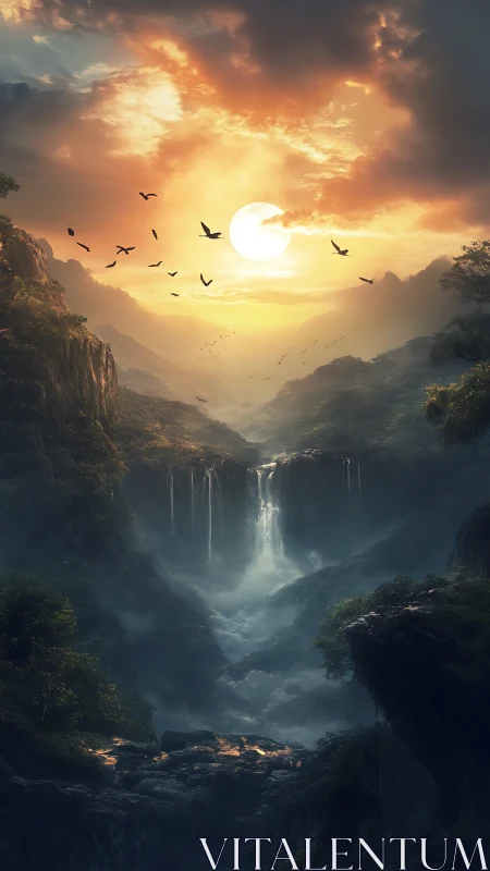 Sunlit misty canyon with waterfalls and distant mountains.