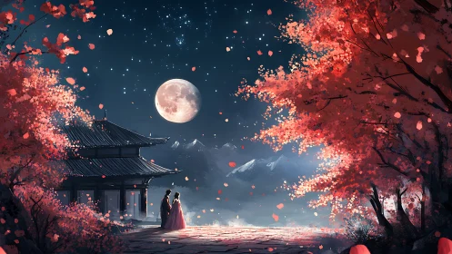 Moonlit couple under red trees by traditional temple.