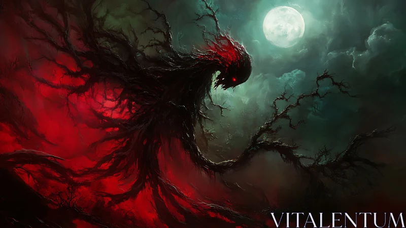 Lunar backlit necrotic wraith entwined with arboriform shadows.