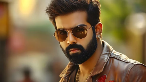 Stylized bearded man in tinted aviators under warm bokeh light
