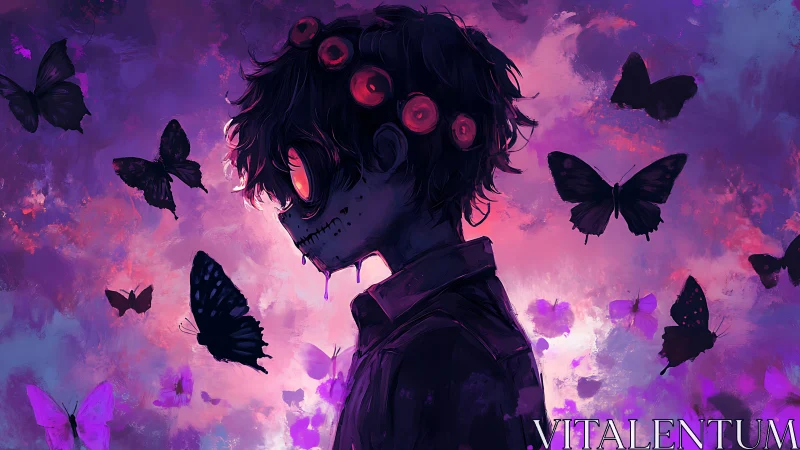 Profile view of stitched figure with butterflies in violet field.