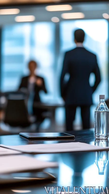 Corporate office setting with blurred figures and desk materials