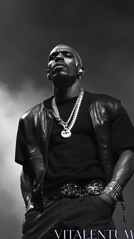 Monochrome hip hop performer under dramatic stage lighting.