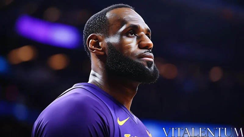 Side-lit basketball player in purple jersey, telephoto portrait.