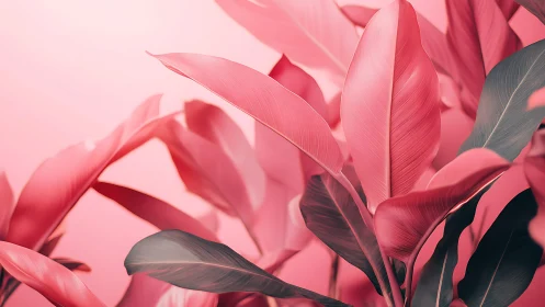 Soft pink tropical leaves glowing in gentle dreamy light.