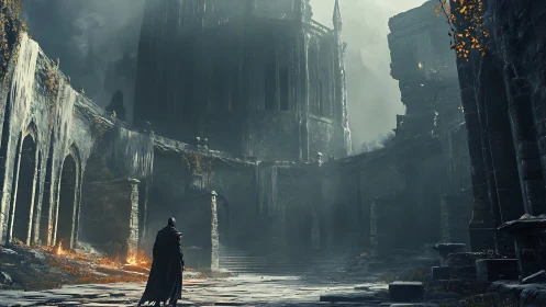 Lone cloaked figure in vast ruined gothic courtyard.