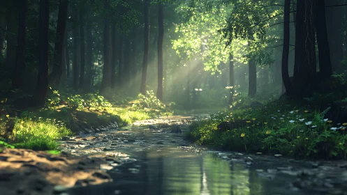 Forest stream with sunlight filtering through canopy.