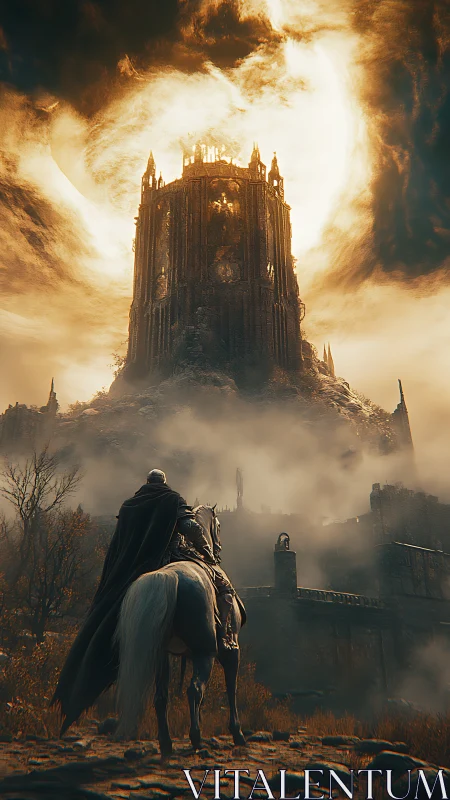 Lone rider confronting a burning citadel beneath swirling sky.