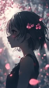 Softly lit anime girl in drifting cherry blossom petals.