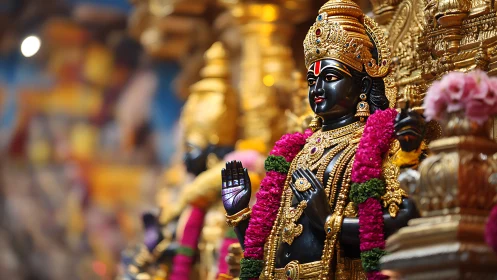 Ornate black stone Hindu deity statue with gold crown and garlands