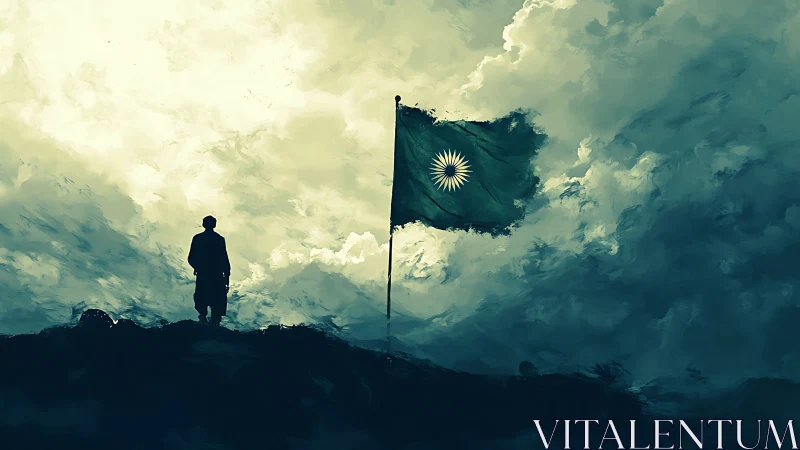 Solitary figure observes stylized flag under turbulent cloudscape