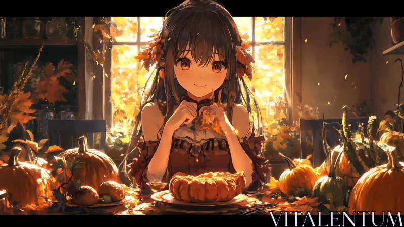 Autumn feast girl glows amid pumpkin-lit afternoon warmth.