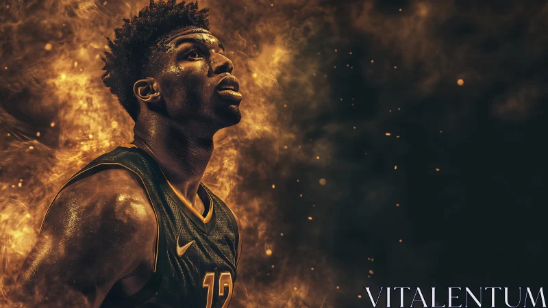 Basketball player rendered in stylized fiery lighting effects