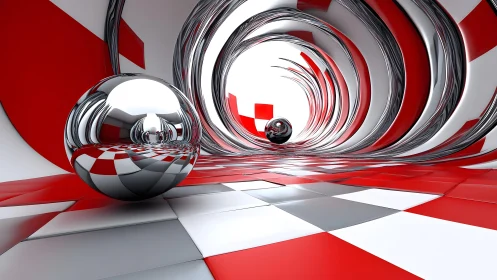 Reflective chrome spheres traverse red white checkered tunnel