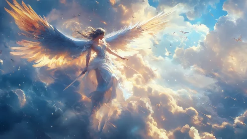 Seraphic warrior rises through radiant stormlit heavens.