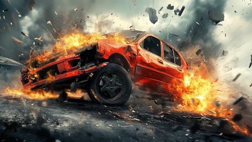 Red vehicle undergoes explosive impact with debris dispersion