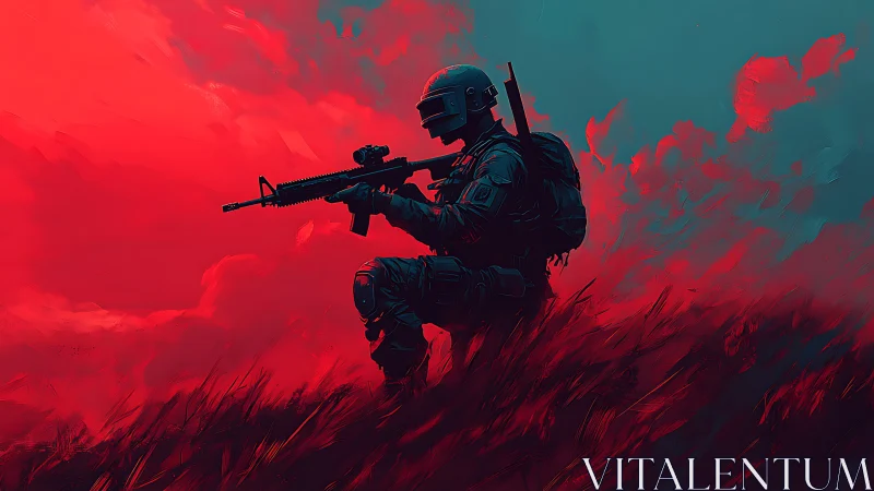 Armed soldier silhouette in red and teal digital field.