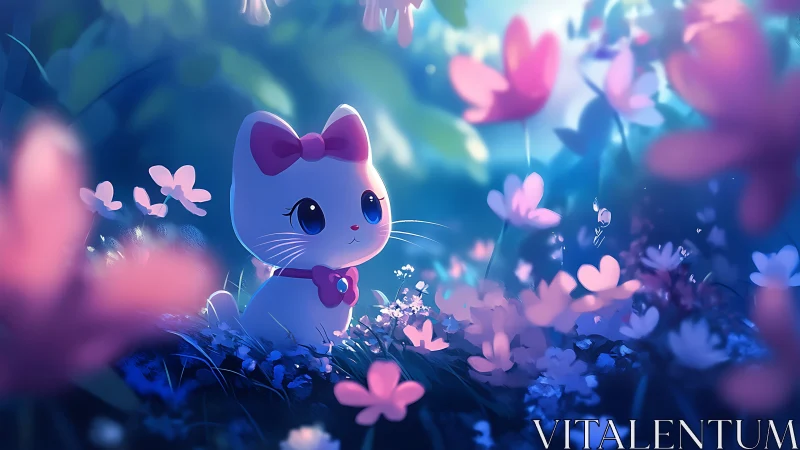 Gentle white kitten gazes dreamily in a glowing flower meadow