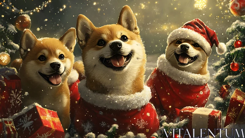Festive corgis in Santa outfits share joyful Christmas cheer.