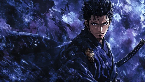 Samurai figure in dark blue abstract storm background.
