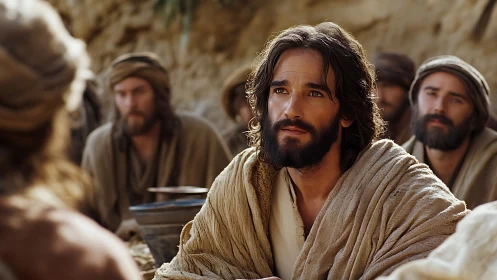 Thoughtful teacher among disciples in warm desert light.