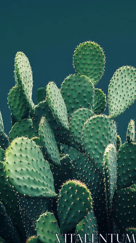 Photorealistic prickly pear cluster under deep teal sky.