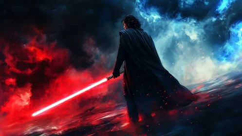 Cloaked figure holds red energy sword amid divided sky