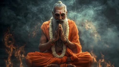 Meditating sage in sacred firelit smoke exudes deep serenity