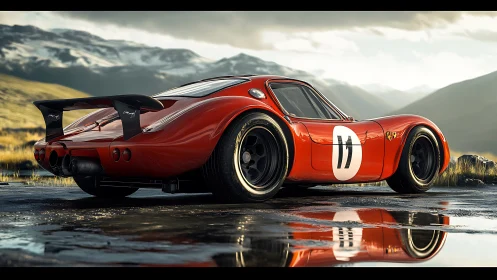 Scarlet race car reflects on wet pavement at mountain pass.