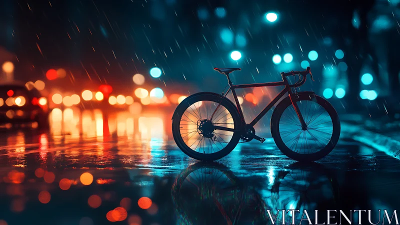 Road Bicycle in Rainy Urban Night with Neon Bokeh