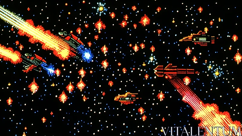 Pixelated starfield with retro spacecraft and explosions.