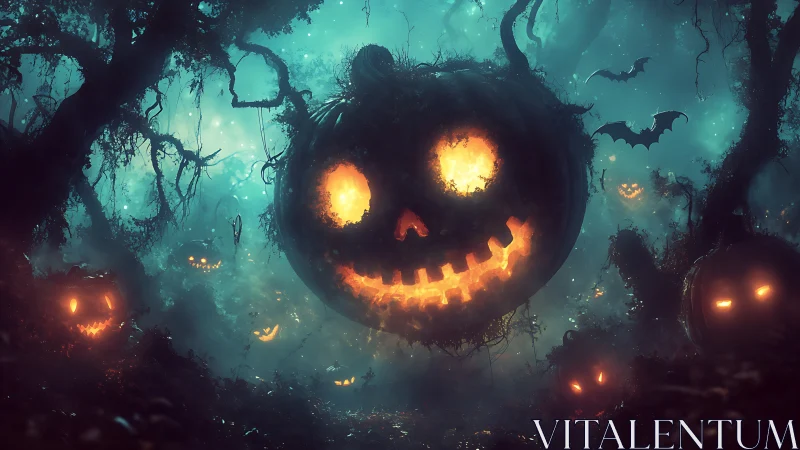 Bioluminescent jack o lantern swarm illuminates foggy haunted swamp