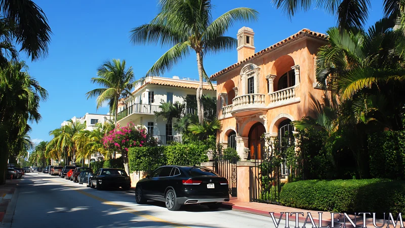 Photorealistic Mediterranean villa streetscape with lush palms.