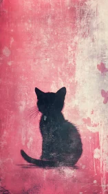 Black Cat Against Distressed Pink Wall