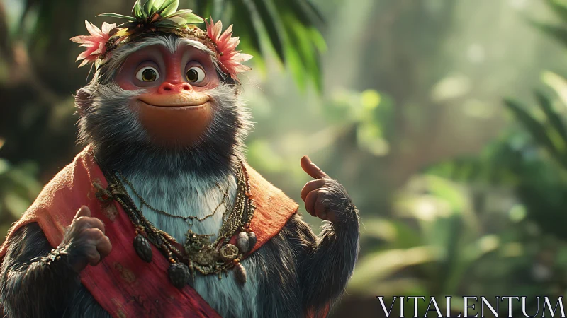 Joyful jungle monkey character in ornate tribal garments.