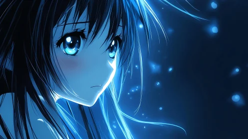 Soft blue glow surrounds a thoughtful anime girl at night