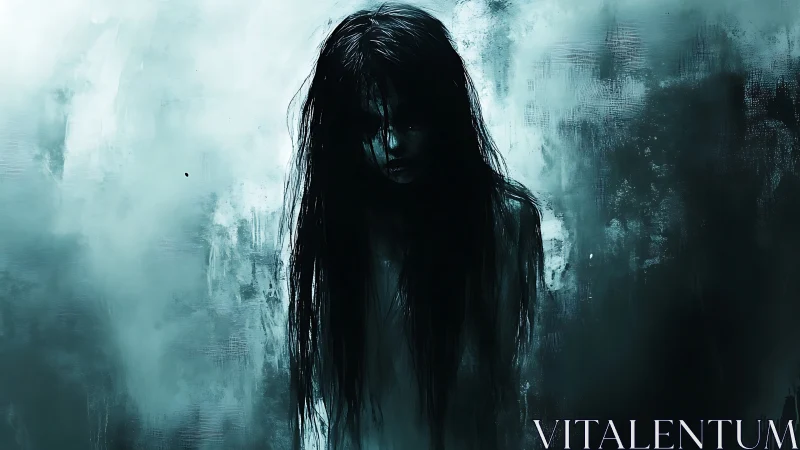 Ghostly girl emerges from mist in chilling digital horror art