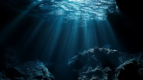 Sunbeams pierce a tranquil underwater cavern in blue silence