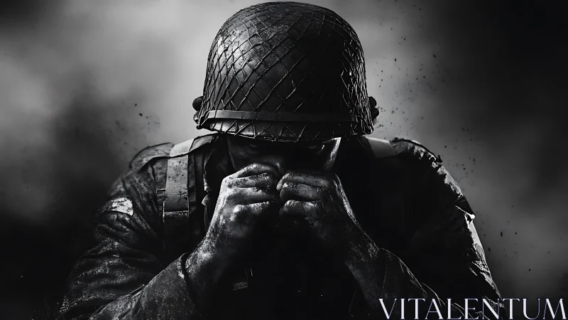 Monochrome combatant in contemplative battlefield posture.