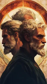 Elderly bearded man contemplates time in triple portrait