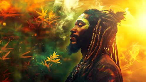 Sunlit meditation surrounds a peaceful man in glowing color