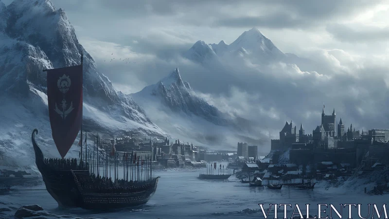 Viking longship approaches fortified city in icy fjord.