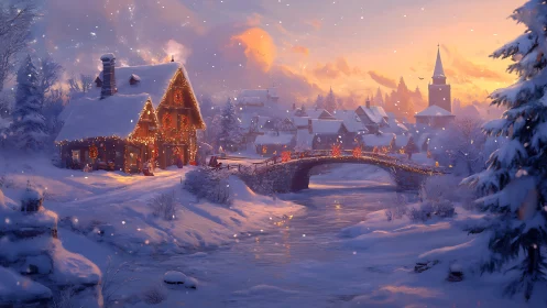 Snowy Christmas village bridge under glowing winter twilight.