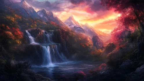 Sunset cascades in luminous autumn mountain valley panorama.