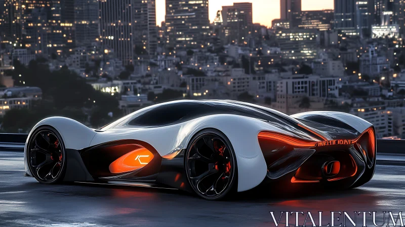 Futuristic concept hypercar with neon lighting at dusk.