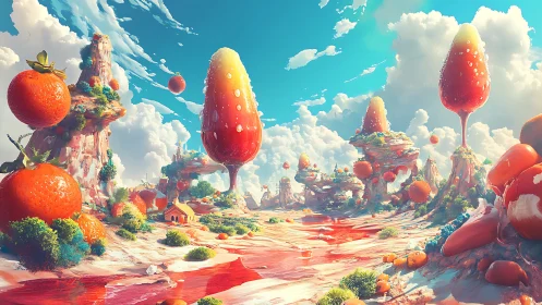 Surreal citrus canyon with floating oranges and popsicles.